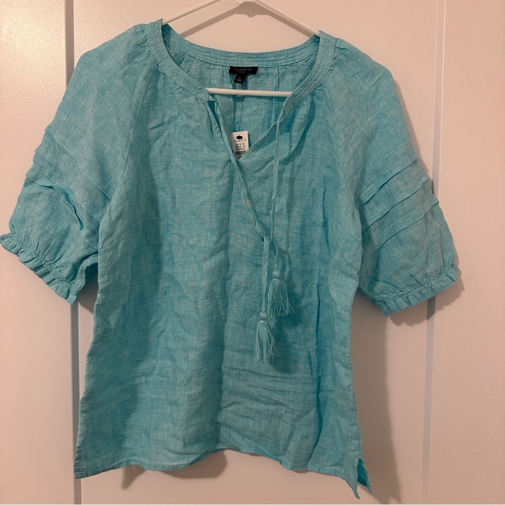 Talbots Aqua Blue Linen Peasant Tunic With Pleated Sleeves Size SP Women’s NWT - Picture 2 of 14